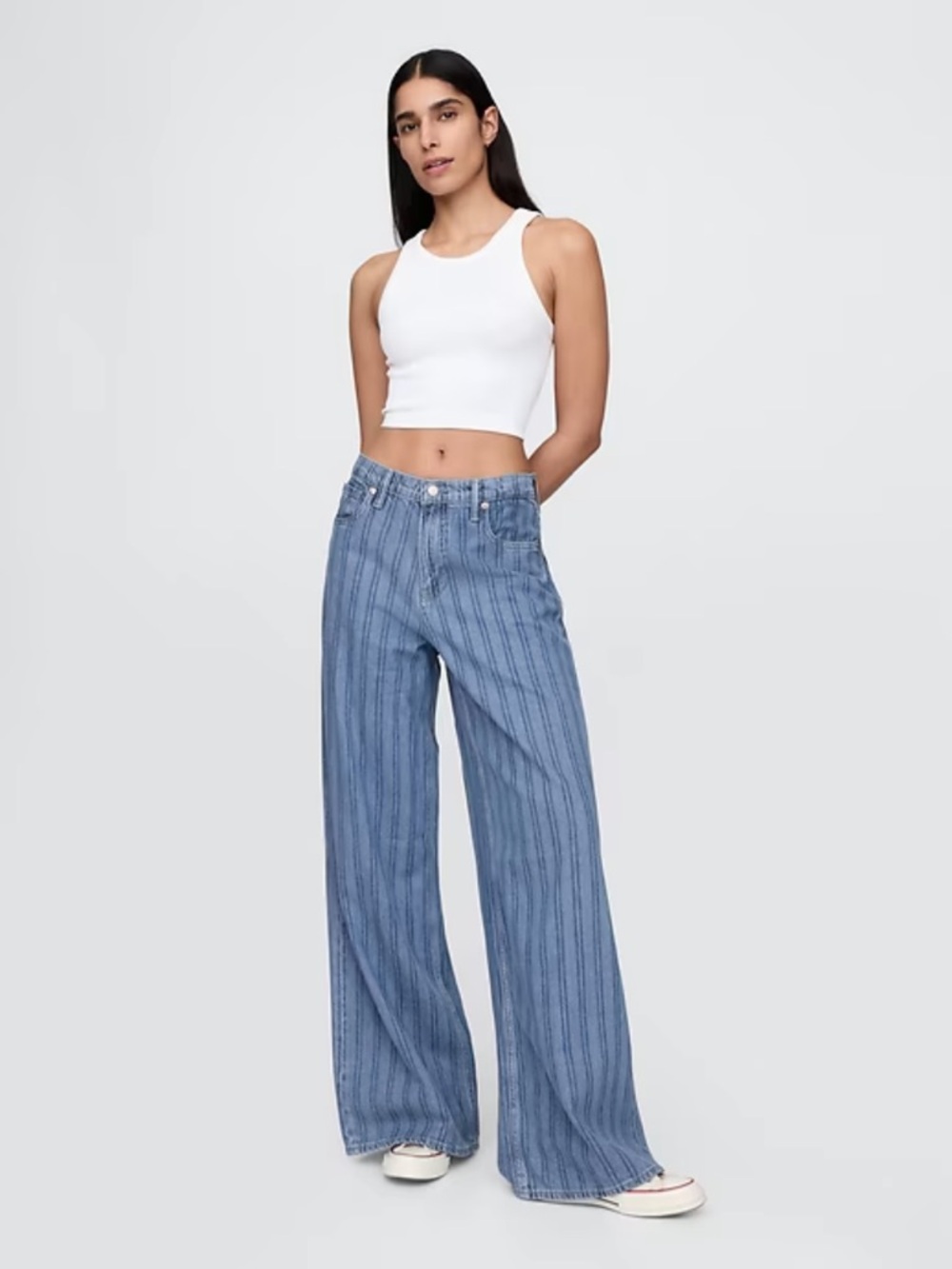 GAP UltraSoft Baggy Jeans Indigo Stripe Mid Rise Tencel Blend Women’s 31 Short - Picture 3 of 16